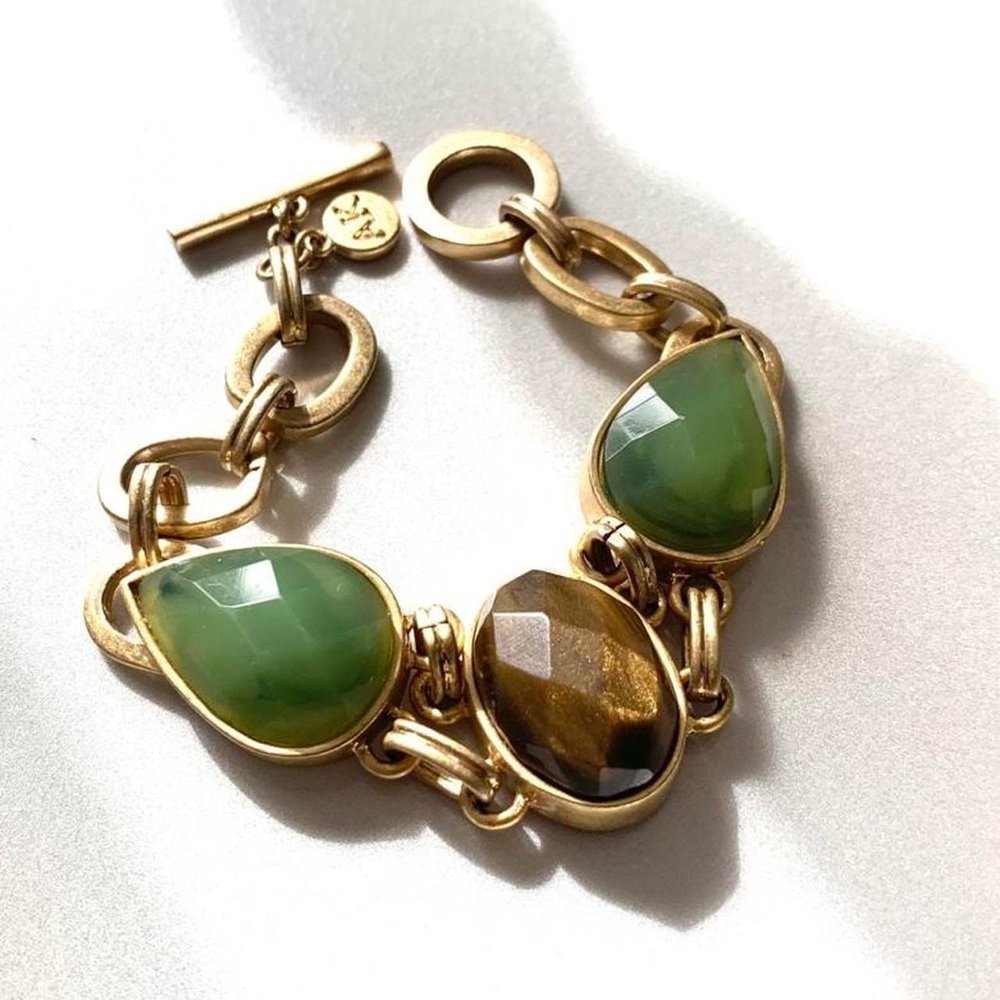 Anne Klein Gold tone chain link bracelet with green and brown glass